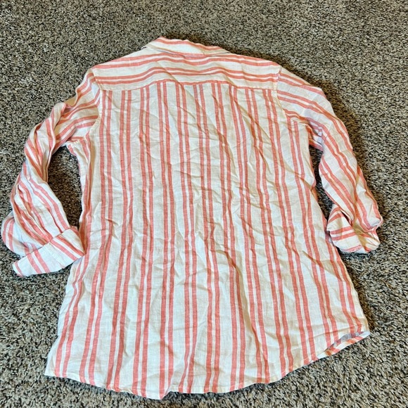 Jones & Co Linen Stripe Button Down Shirt Women Size S Red White Roll Tab Sleeve - Picture 7 of 7